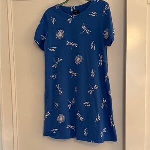 Link Royal Blue Short-Sleeve Midi Dress with White Dragonfly & Floral Print